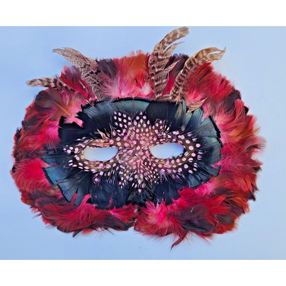 Vintage 1980s Phantom Era Feather Masquerade Mask Red Black Venetian Wall Decor